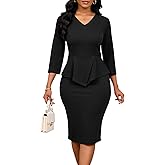 Ophestin Midi Dresses for Women Work Bodycon Pencil Dress Peplum 3/4 Sleeve V Neck Office Church Cocktail Sheath Dress