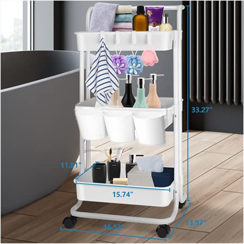 AZMALL 3 TIER UTILITY ROLLING ORGANIZER – STORAGE MAKEUP BABY TRAY CART WITH TROLLEY HANDLES FOR OFFICE BATHROOM BEDROOM (WHITE)