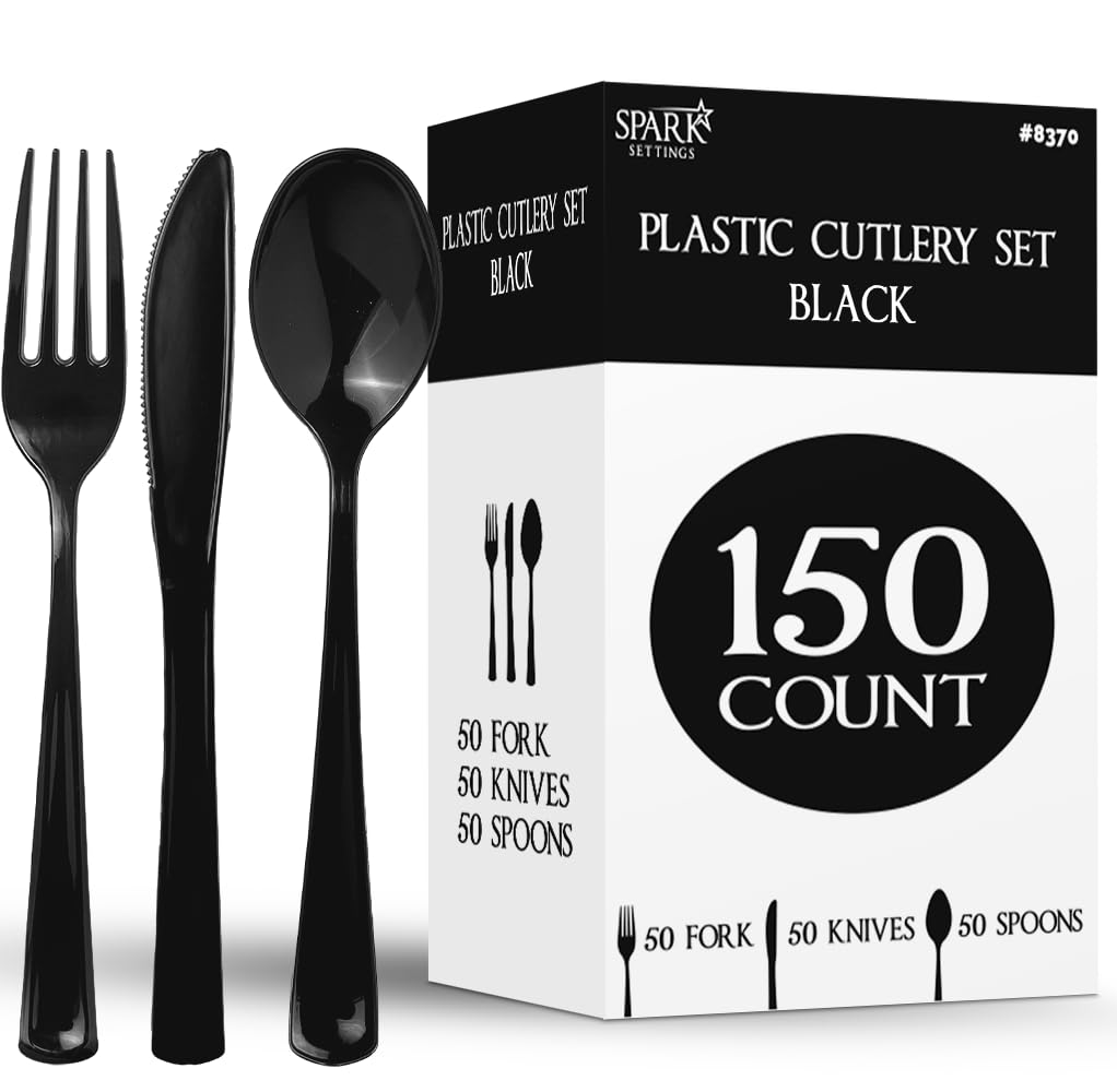 Photo 1 of 150 Pack Plastic Silverware Heavy Duty, Black Disposable Cutlery, 50 Spoons, 50 Forks, 50 Knives, Plastic Utensils Set for Home Office School Party Picnics Weddings & More - SparkSettings
