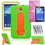 EpicGadget(TM) For Samsung Tablet Galaxy Tab 3 Lite 7.0 Case Green and Green Shockproof Heavy Duty Rugged Impact Hybrid Case with Build In i Kickstand Protective Cover [Dose NOT Fit Galaxy Tab 3 7.0] With Galaxy Tab 3 Lite SM-T111 SM-T110 Clear Screen Protector And Universal Long Touch Stylus Pen (US Seller!!) (I Stand Green Orange)