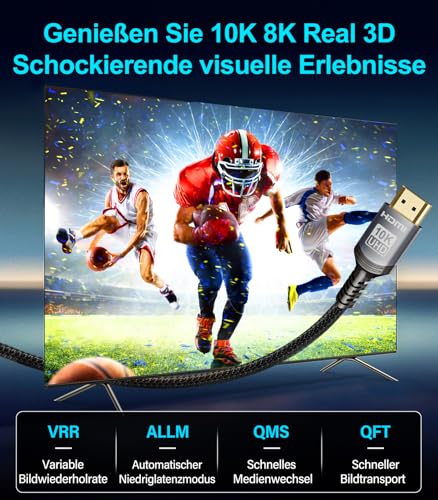 Sniokco 10K 8K 4K HDMI 2.1 Cable 1.5 Metre, Certified 48Gbps Ultra High Speed HDMI Cable 0.01ms 4K 240Hz 165Hz 120Hz 8K 60Hz eARC Netflix HDCP 2.3 2.2 DTS:X HDR10+ TV Monitor Projector Roku