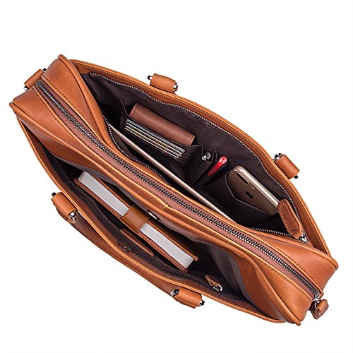 Texbo Genuine Top Cow Leather Business Briefcase Fit 15.6" Laptop Bag Tote (Yellow Brown)