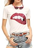 Women's Sequined Sparkely Glittery Lip Print T Shirt Cute Embroidery Teen Girls Tops (S,White)