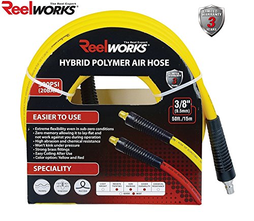 ReelWorks 19143501A Hybrid Polymer Flexible Air Compressor Hose, 3/8" x 50', 0.375" Inside Diameter
