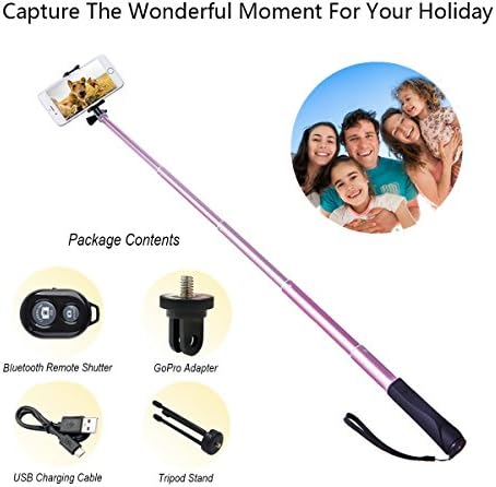 ZIZON Bluetooth Selfie Stick,Extendable Aluminum Monopod with Tripod Stand, Built-in Shutter Button, Foldable Mount Clamp &amp; GoPro Adapter for iPhone/Android Smartphones and Action Camera. (pink)