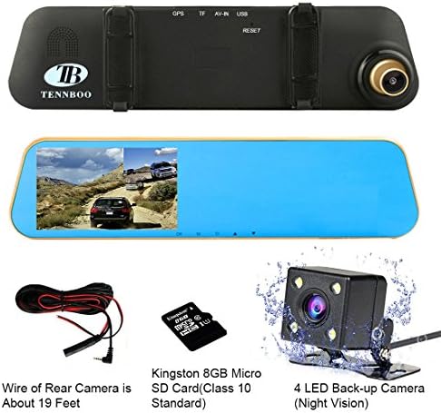 Mirror Dash Camera with SD Card,TENNBOO DVR HD Dash Cam with Back Up Camera,Loop Recording Dashboard Recorder Front and Rear In Car Mirror Camera