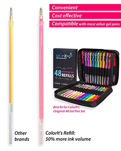 ColorIt 48 Gel Pen Ink Refills For Glitter, Metallic, and Neon - Color Coded for Easy Replacement