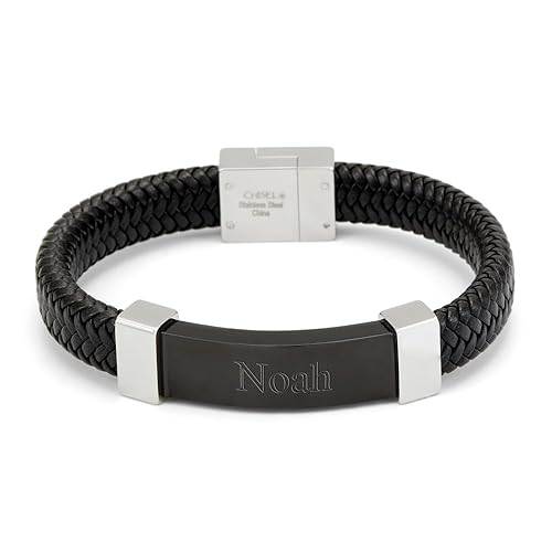 EVE'S ADDICTION Engravable Black ID Braided Leather Bracelet