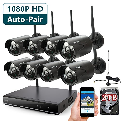 [1080P HD Auto-Pair Wireless] ONWOTE 8 Channel 1080P Outdoor Wireless Security Camera System with 2TB Hard Drive and 8 HD Night Vision 2.0 MP WiFi IP Surveillance Cameras