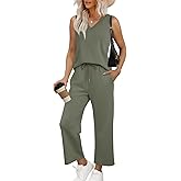 WIHOLL Two Piece Set for Women Summer Outfits Vacation Trendy Lounge Sets V Neck Matching Sets