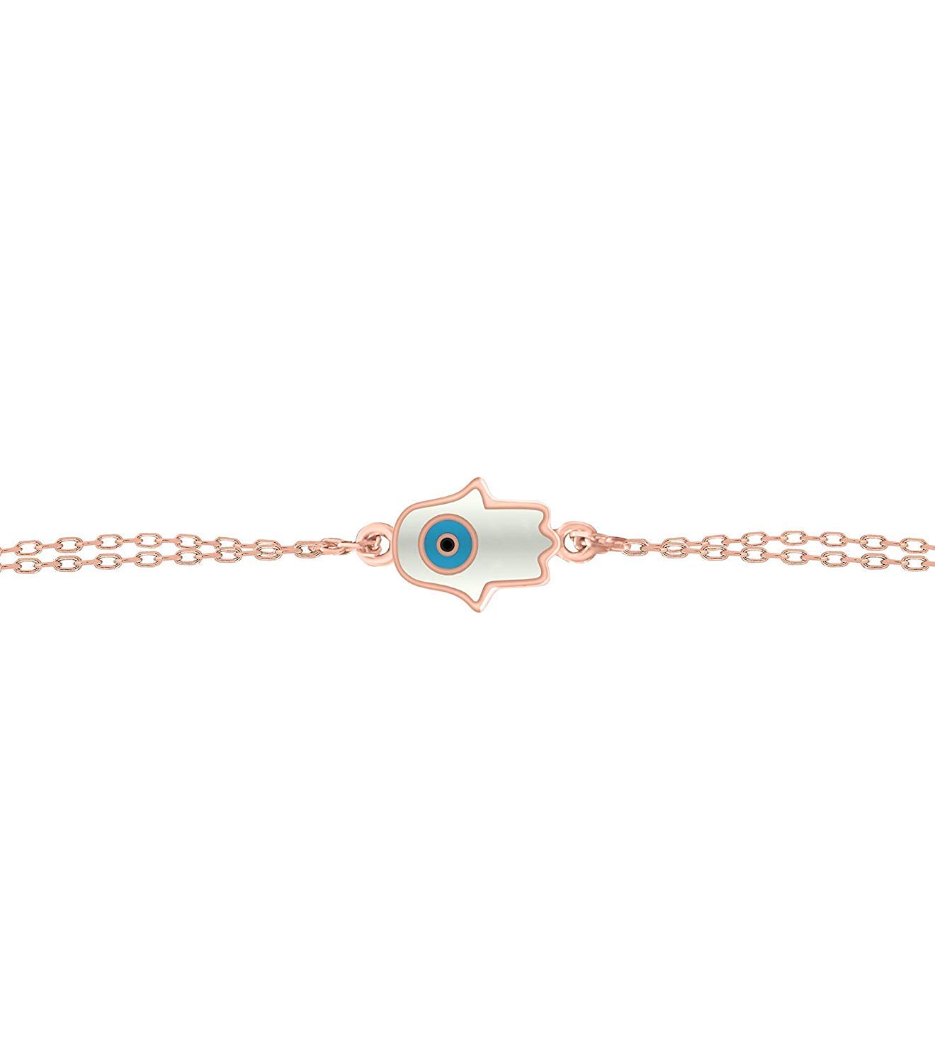 MYSTIC JEWELS By Dalia – Enamel Bracelet Fatima Hand and Turkish Eye – Double Chain – 925 Sterling Silver – Minimalist (Rose Gold Plated)