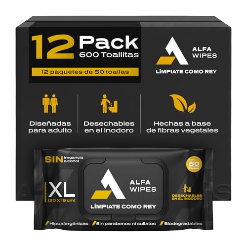 Alfa Wipes Toallitas Humedas para Adulto Extra Grandes y Gruesas, Desechables en Inodoro, Libres de Fragancias, Hipoalergénicas, con Aloe, Vitamina E, Manzanilla | 12 paquetes con 600 toallitas
