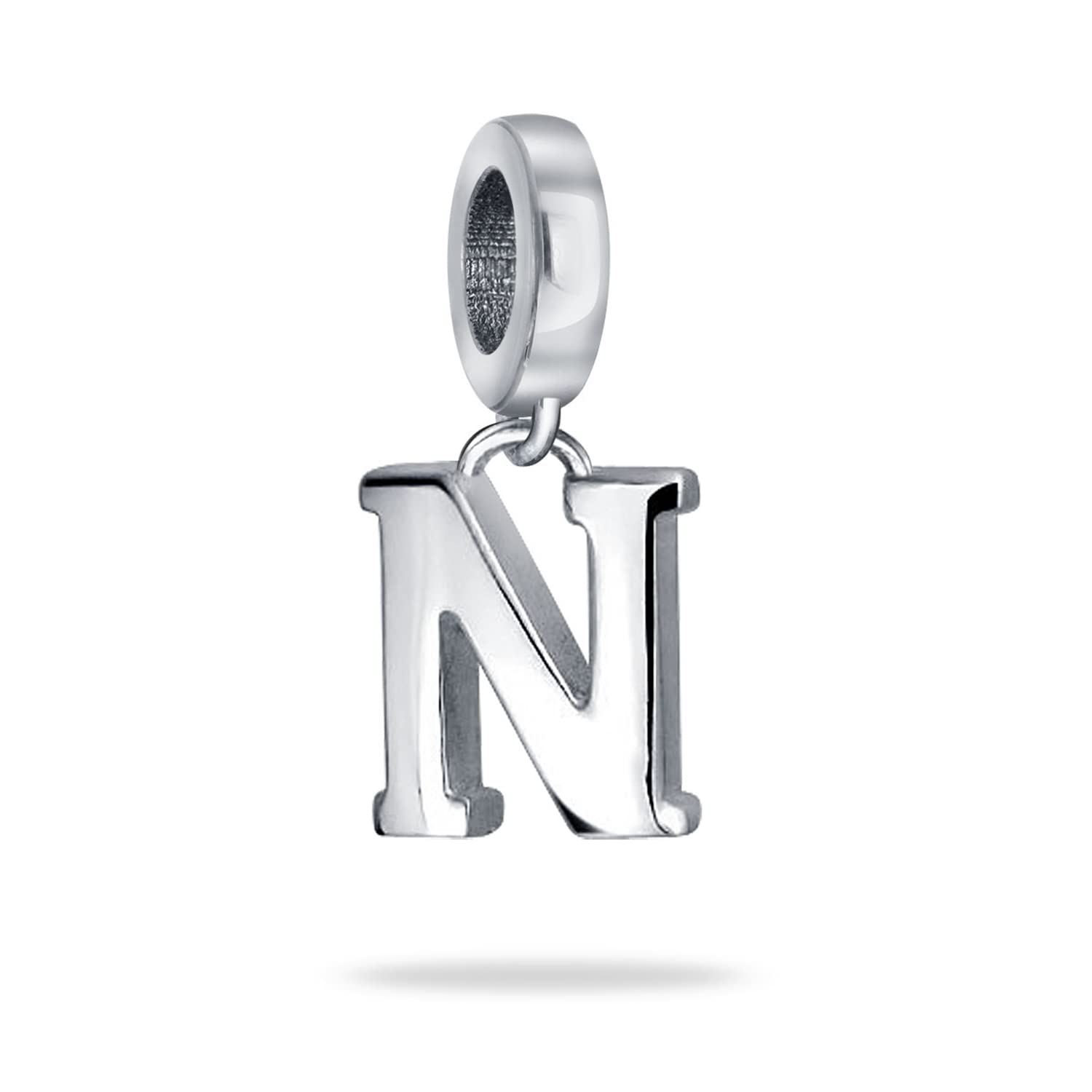 Bling Jewelry Personalized Gift Block Letter N Alphabet Initial Dangle Charm Bead For Women For Teen .925 Sterling Silver For European Bracelet