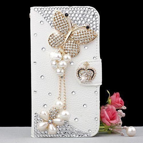 HTC 10 Case, Gorgeous Butterfly Bling Crystal White PU Wallet Leather Case for HTC 10 (2016 Release)