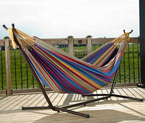 Leewos 78'' x 59'' Outdoor Double Hammock Patio Yard Beach Space-Saving Steel Stand Bed up to 450lbs Capacity with Portable Carrying Case (Tropical)