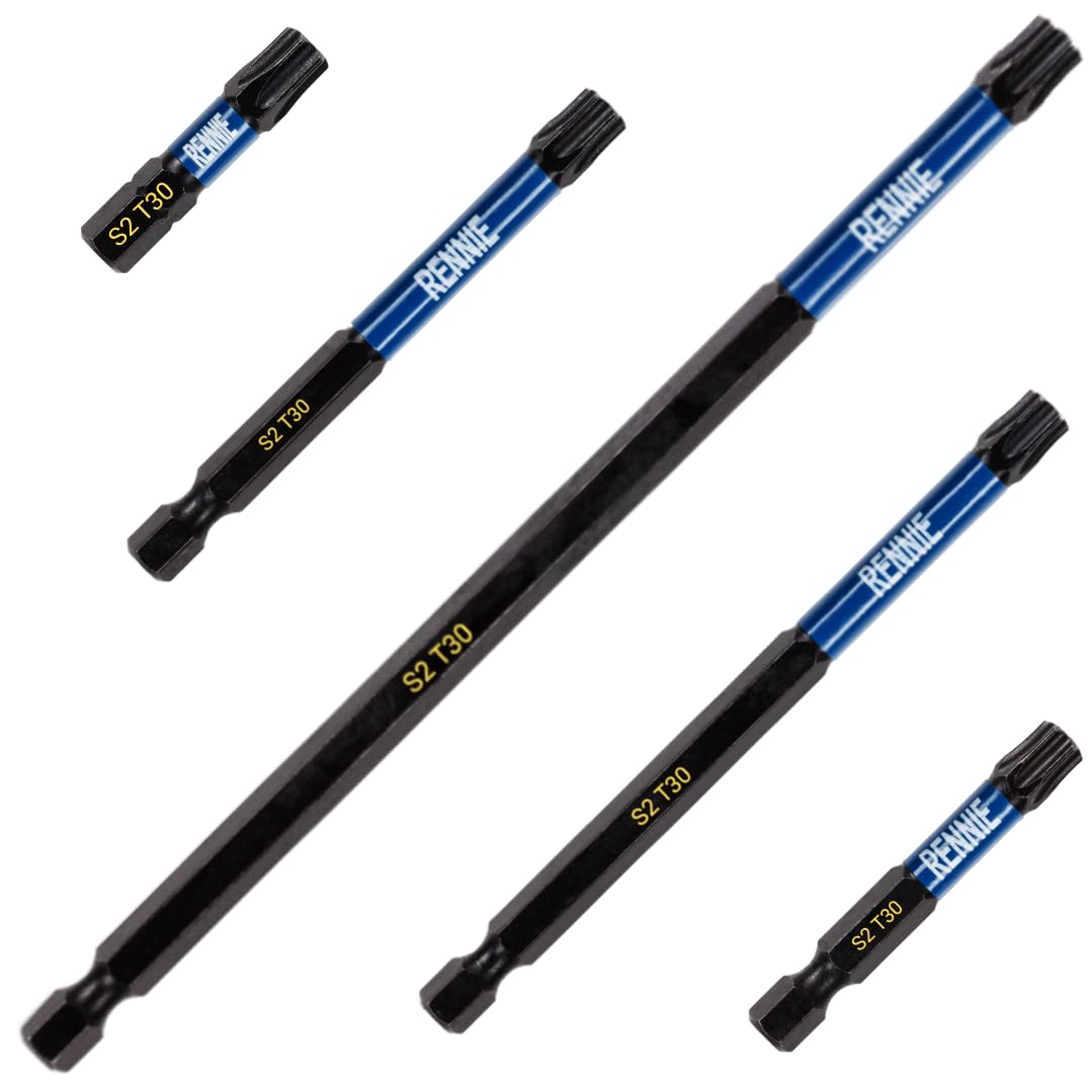 5 x Rennie Tools T30 TX30 Impact Screwdriver Driver Bits Set x 32mm/50mm/75mm/100mm/150mm Long. Heavy Duty Magnetic Torx Screwdriver Bit Set. Oxide Coated Torx Impact Driver Bits.