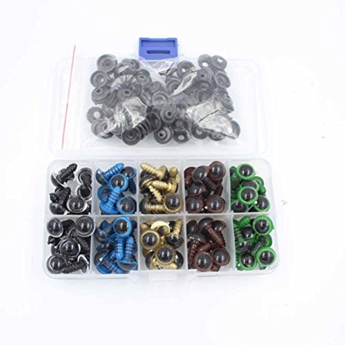 Yosoo 100pcs 10/12mm Mixed Color Plastic Safety Eyes for Teddy Bear Doll Puppet Plush Animal Craft DIY with Washers One Box (10mm)