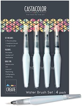 Castacolor Water Coloring Brush Set - 4 Brushes Watercolor Painting, Lettering, Watercolor Pencil & Markers, Calligraphy - Portable Round Nylon Tips - Large, Medium, and fine
