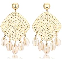 Rattan Shell Earrings Handmade Straw Wicker Braid Woven Drop Earrings Boho Cowrie Shell Chandelier Statement Dangle Stud Earrings for Women Girls