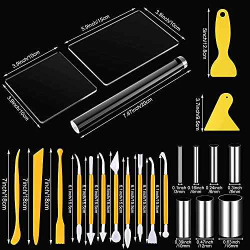 KASTWAVE 23 Pieces Clay DIY Tool Set, Acrylic Clay Roller, Acrylic Sheet, Plastic Scraper Backing Board, Stainless Steel Round Circle Shape Cutter, Plastic Polymer Clay Shaping Tool for DIY Craft