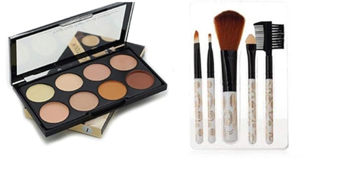 Miss Hot Kiss Beauty Highlighter and Contour 8 Shades Concealer Palette with Professional Makeup Brushes Set-5PC