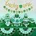 Yaaaaasss! St Patrick's Day Lucky One Banner with Lucky Four Leaf Clover Shamrock Garland for First Birthday Party Supplies Glitter Green Baby Shower Decorations