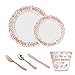 150pcs Rose Gold Premium Plastic Cutlery&Plates Set/Confetti Birthday Tableware Including 25 Dinner Plates, 25 Salad or Dessert Plates & 25 Polished Rose Gold Forks Knives & Spoons & 9oz cups