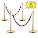 JAXPETY Round Top Polished Brass Stanchion Posts Queue Barrier, Pack of 4 Posts with Red Velvet Ropes,GOLD