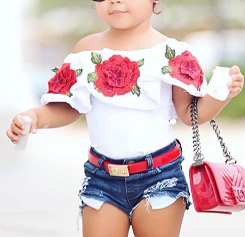 CaNIS Little Girls Off-Shoulder Rose Embrodidery Applique Ruffle Top and Denim Shorts Outfit (2-3T, White)