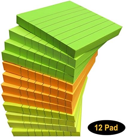 Sticky Note Pads Lined 12 Pads, 3 x 3 Inches, 100 Sheets Per Pad, 3 Bright Colors, Easy Post Notes, Individually Wrapped and Carton Packaging, Great Office Supplies
