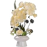 LESING Fake Orchids Flowers Arrangement in Pot,Faux Silk Orchid Artificial Flower Plant with Ceramic Vase for Table Home Decor (White Vase,White)