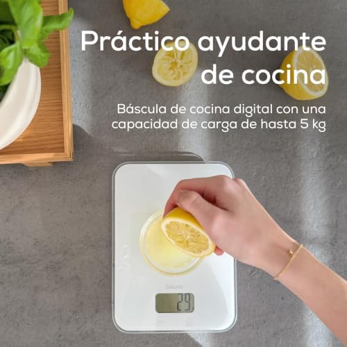 KS 19 Pure White balanza de cocina digital, capacidad de hasta 5 kg (división precisa de 1 g), balanza doméstica con sensor táctil, balanza para alimentos incl. pilas, diseño ultraplano, blanco
