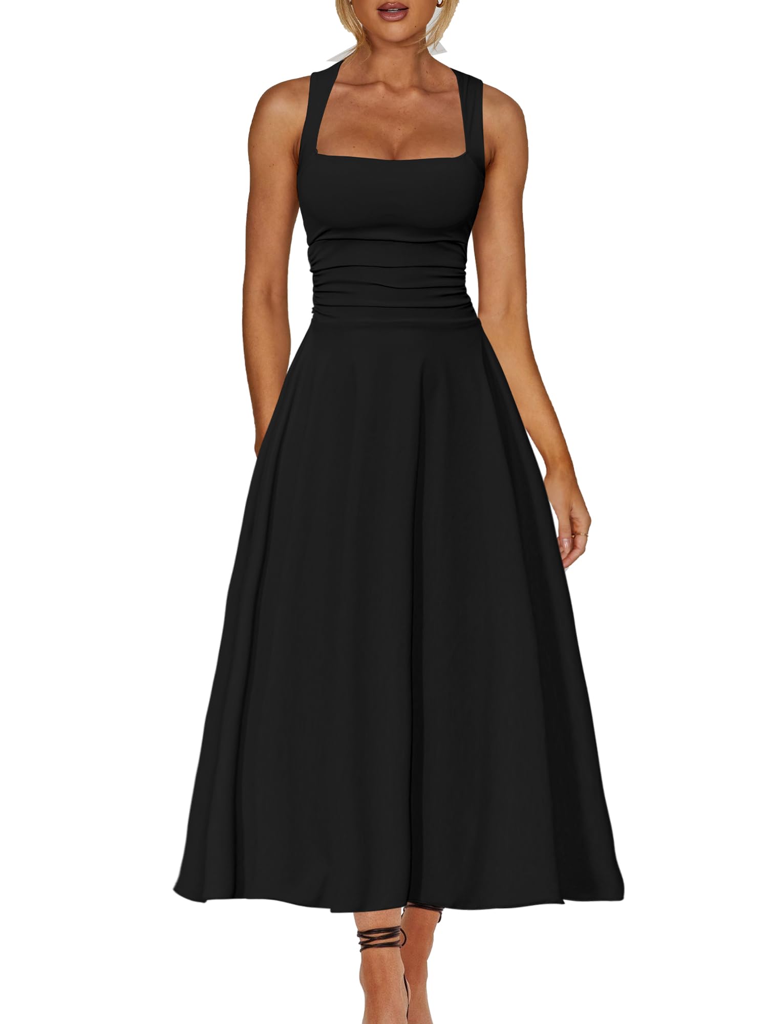 Photo 1 of MKaximil Women's Square Neck Corset A Line Maxi Dress Ruffle Ruched Waist Flowy Long Dresses, Medium, Black