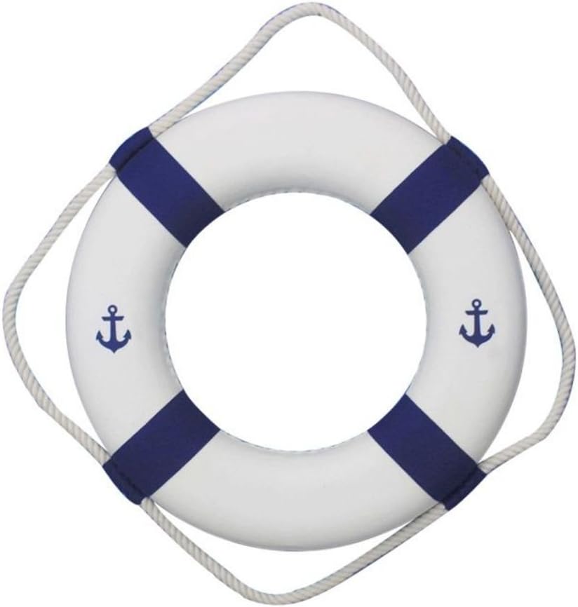 Hampton Nautical Classic White Decorative Anchor Life Ring with Blue Bands, 15"