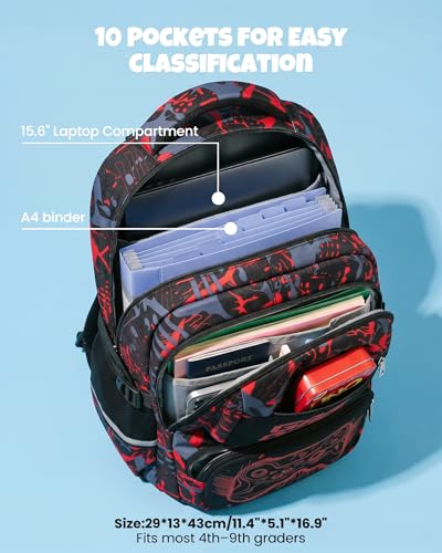 Amythe Boy's Wheeled School Bag 8-12 Years Bright 6 Wheels with Removable Trolley, Wheeled Backpack for College Students, Large Capacity Computer 15.6 Inches, Red, Travel Backpacks