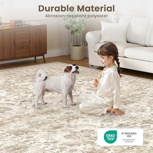 HOMFINE Beige Vintage Living Room Rug, 160 x 230 cm – Machine Washable Non-Slip Short Pile Soft Large for Living Room, Bedroom, Dining Room, Hallway