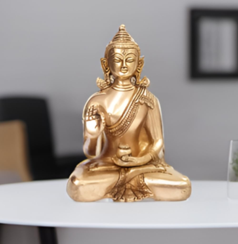Purpledip Brass Idol Lord Buddha: Vintage Golden Statue in Vitarka Mudra or Preaching Posture (10512A)