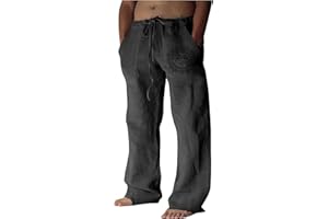 WENKOMG1 Mens Cotton Linen Pants,Wide Leg Drawstring Closure Pull On Trousers Loose Fit Baggy Lounge Wide Leg Bottoms