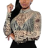 Pretid Women's Print Mesh See Through Geometric Long Sleeve Stretchy Bodysuit Jumpsuits Rompers