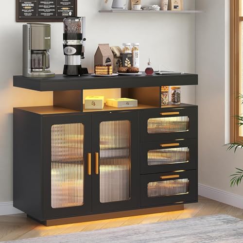 Coffee Bar Cabinet with Storage, Buffet Sideboard with RGB Light, Modern Coffee Bar Table with Charging Station (Black-93007)