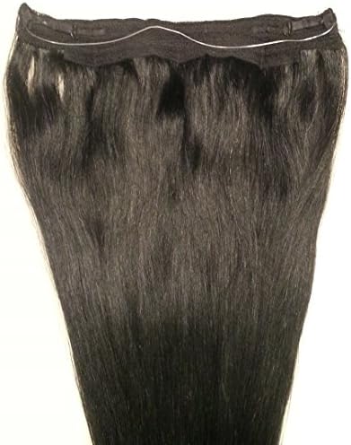 Hair Faux You 18" One Piece 100% Human Hair Extensions, Halo Style (ONE PIECE NO CLIP) with an adjustable invisible wire (Fishing String), 80 grams, Color #1 Jet Black