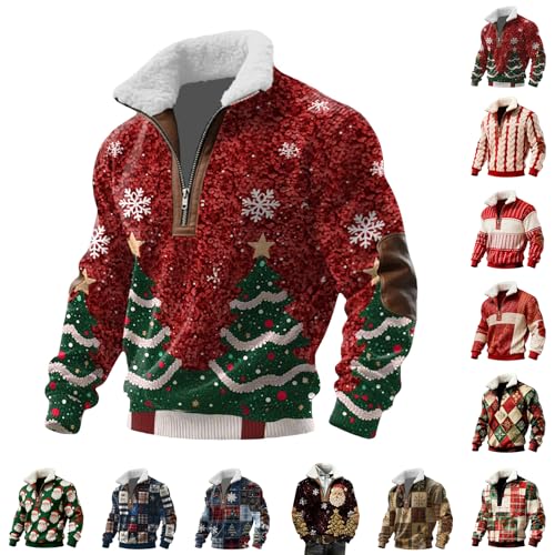 Nuaoxyeu christmas jumper mens Mens Christmas Jumpers Funny Xmas Print Sweatshirts 1/4 Zip Fleece Stand Collar Sweaters Long Sleeve Ugly Jackets Baggy blue jumper