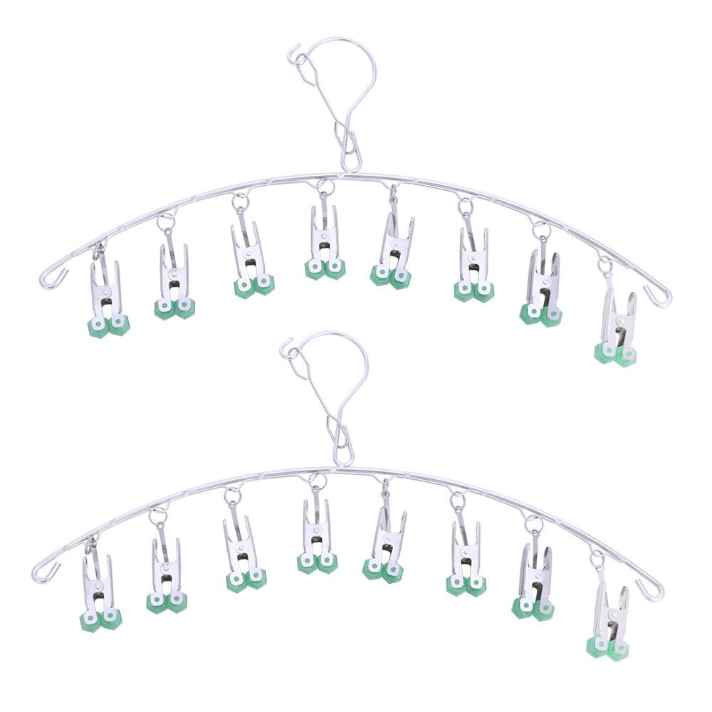 2Pack Drying Hanger, Stainless Steel Drying Rack, Drip Hanger With 8 Pegs for Underwear Socks Bra Panty Gloves, Windproof, Quickly Remove Clothes from Hanger (Green)