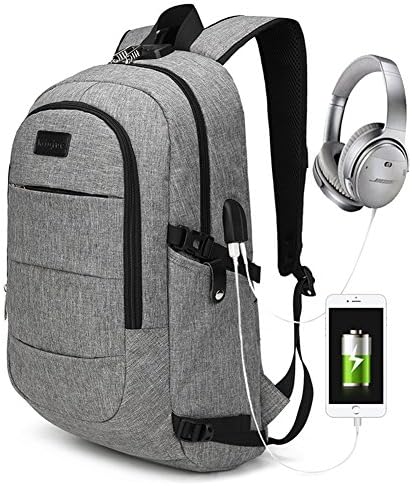 Stuo Multi Backpack with USB Charging Port Headphone Interface Password Lock Business Travel Lightweight Bag for Women Men Students Fits 15.6in Laptops Gray