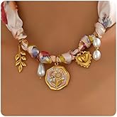 Silk Scarf Necklace for Women Adjustable Bandana Choker with Pearl 18K Gold Charms,Boho Beach Ceramic Jewelry Leaf Butterfly Starfish Coin Pendant Summer Holiday Jewelry