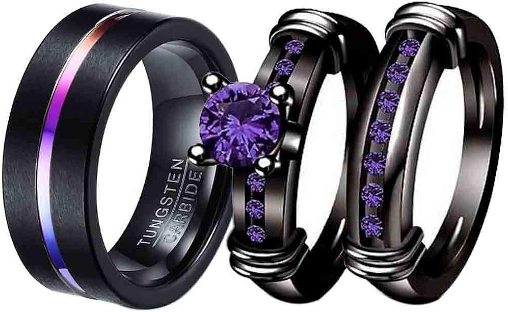 mensring Couple Rings Black Plated Round Purple Cz 2pc Womens Wedding