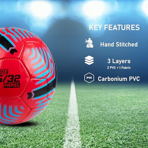WHACKK Football Soccer Ball Hand Stitched for Practice & Training - Original PVC Waterproof. 3 Layered Ideal Sports Ball for All Ages on Ground, Grass and Turf (Size 5, Red) 2