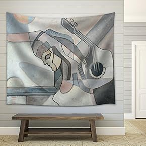 Abstract Painting with Woman and Guitar and Geometrical Forms - Fabric Wall Tapestry Home Decor - 51x60 inches