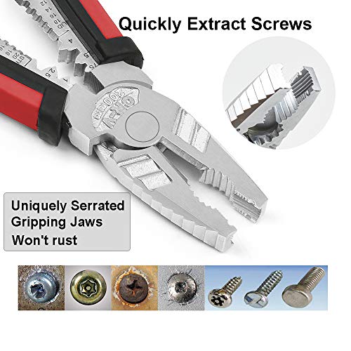 Linesman Pliers Multi-function Combination Pliers, Quickly Screw Extractions, 8-inch Portable Heavy Duty Pliers with Wire Stripper/Crimper/Cutter/Gripping Function, 5 Ways Crimping, Heavy Duty Pliers