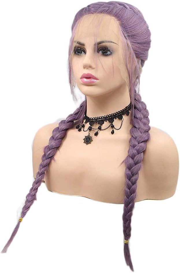 Braided Hair Wigs Long Double Braided Wigs for Women Purple Lace Front Wig Long Synthetic Hair Twist Braids Drag Queen Female Cosplay Party 22inch Braid Glueless Lace Wig - Image 4